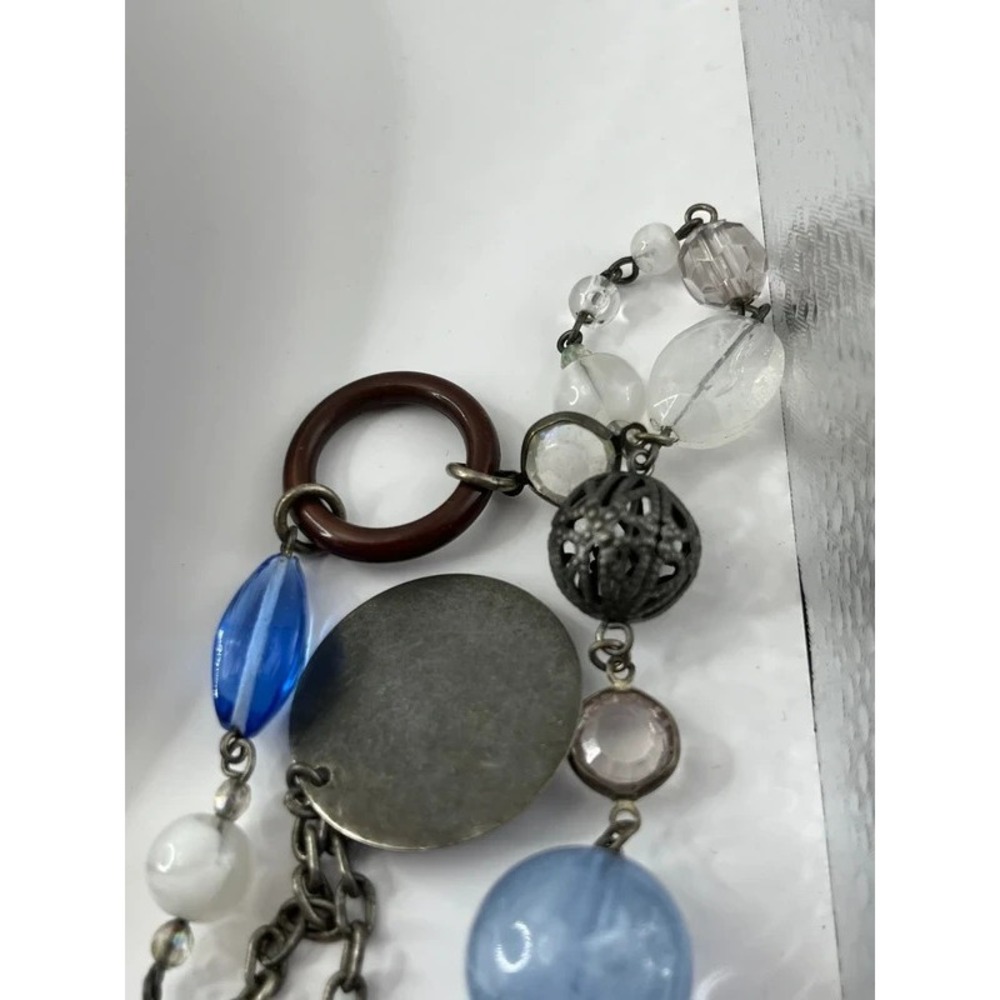 Vintage Avon NR necklace baby blue stones signed double chain filagree discs - Picture 4 of 5